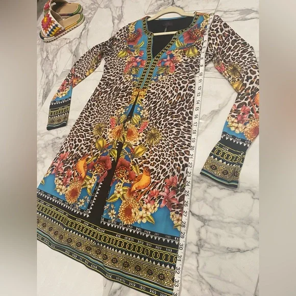 Hale Bob colorful A-line dress with chain link design neckline and cuffs 💃 - Picture 11 of 14